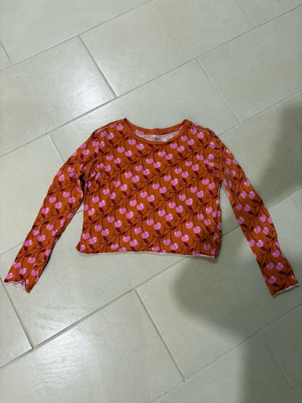 Maeve by Anthropologie Cerise Cherry Print Long Sleeve Cropped Tee XS coquette